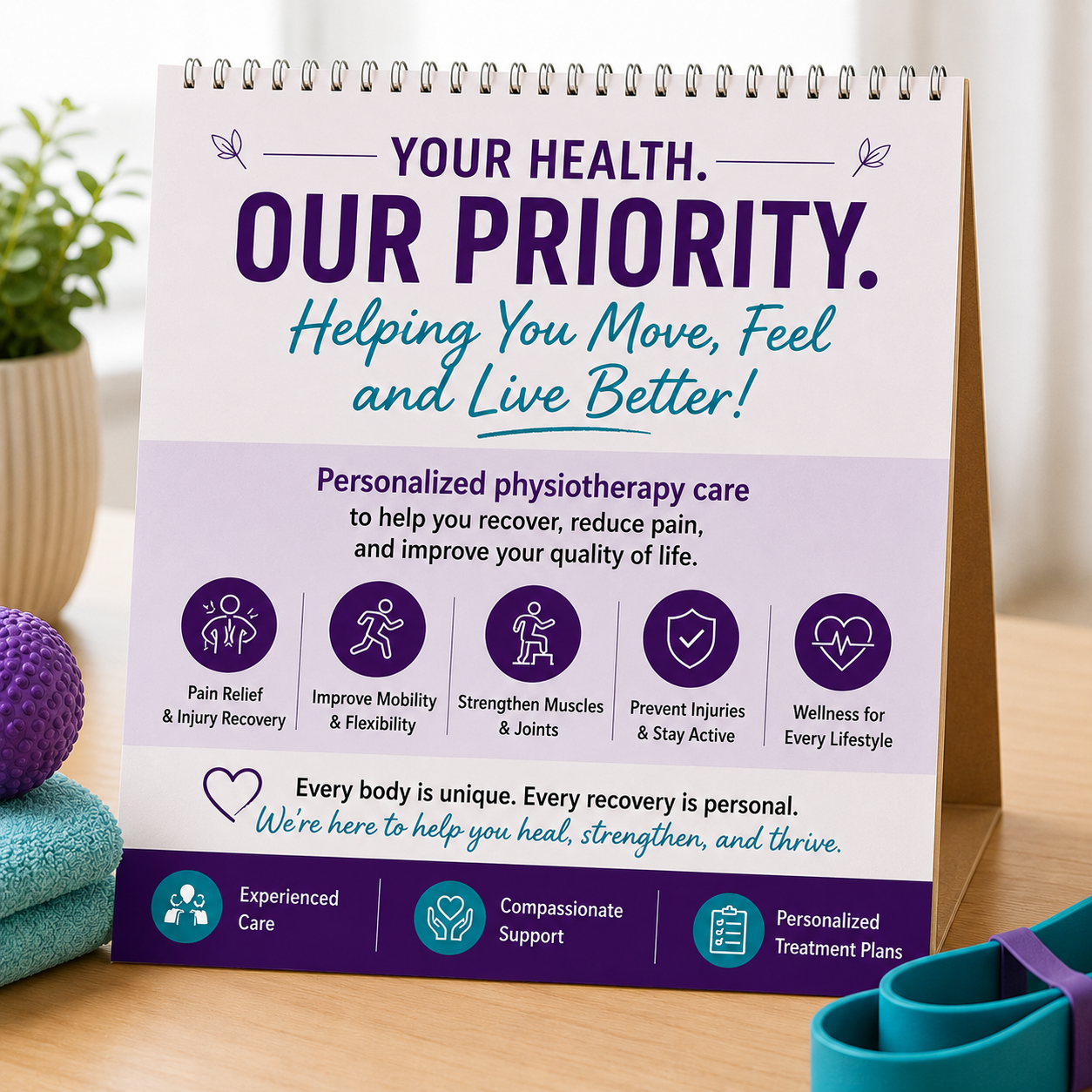 Caring Hands Physiotherapy Monthly Wellness & Rehabilitation Banner Caring Hands Physiotherapy wellness and rehabilitation banner highlighting personalized physiotherapy care, pain relief, mobility improvement, injury recovery, and long-term health support.