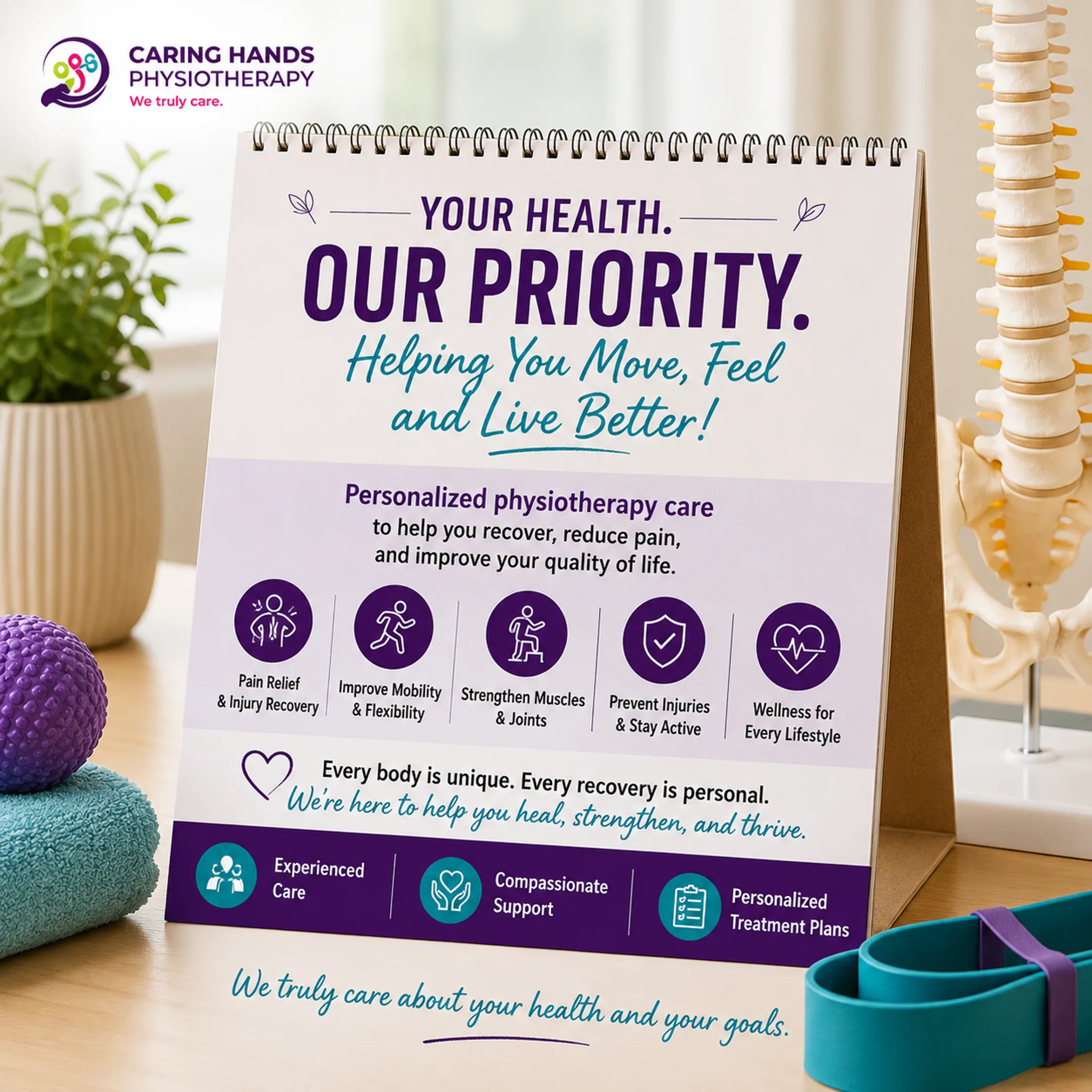 Caring Hands Physiotherapy Monthly Wellness & Rehabilitation Banner Caring Hands Physiotherapy wellness and rehabilitation banner highlighting personalized physiotherapy care, pain relief, mobility improvement, injury recovery, and long-term health support.