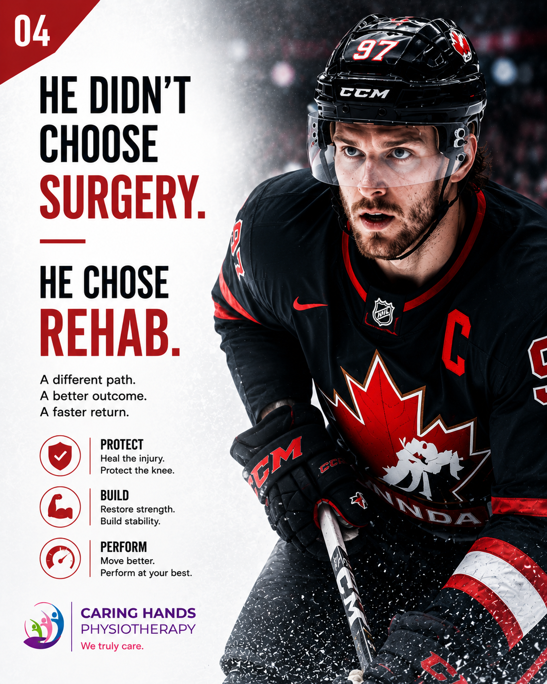 connor-mcdavid-carousel-slide-04-rehab-over-surgery Hockey rehabilitation themed graphic showing the message that Connor McDavid chose rehabilitation and physiotherapy over surgery for recovery and return to elite performance.