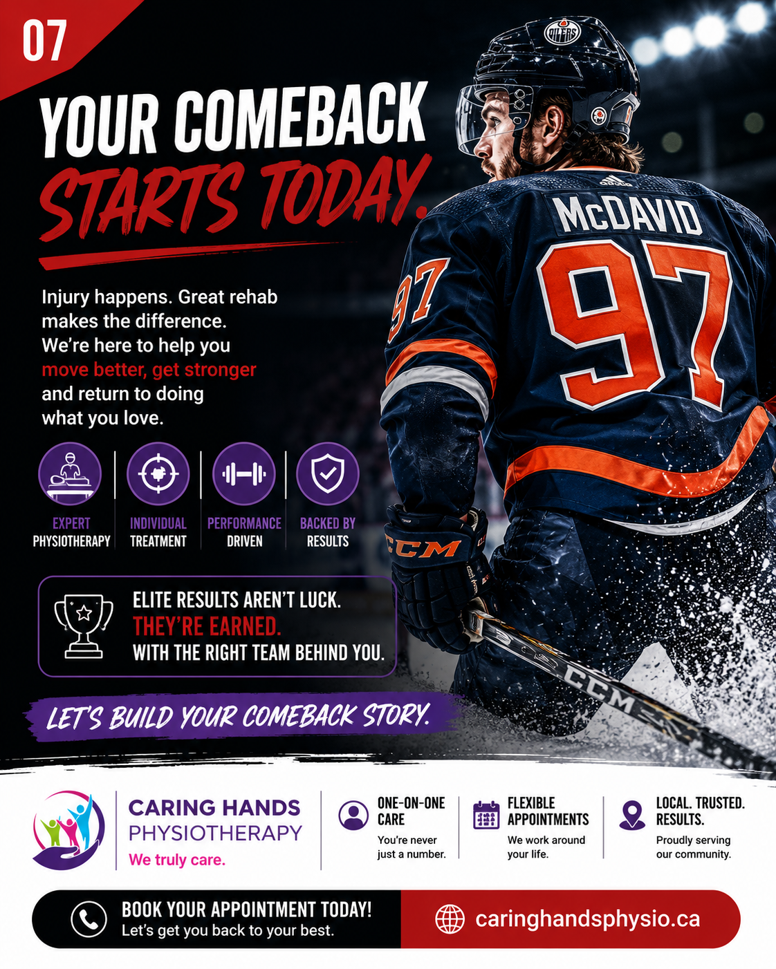 connor-mcdavid-carousel-slide-07-book-physiotherapy-rehab Final hockey rehabilitation carousel slide encouraging athletes to begin their recovery journey with physiotherapy, performance rehab, and injury recovery support inspired by Connor McDavid’s comeback story.