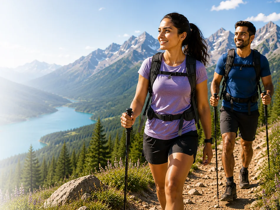 Two hikers enjoying a mountain trail after recovering from injury with physiotherapy in Calgary.
