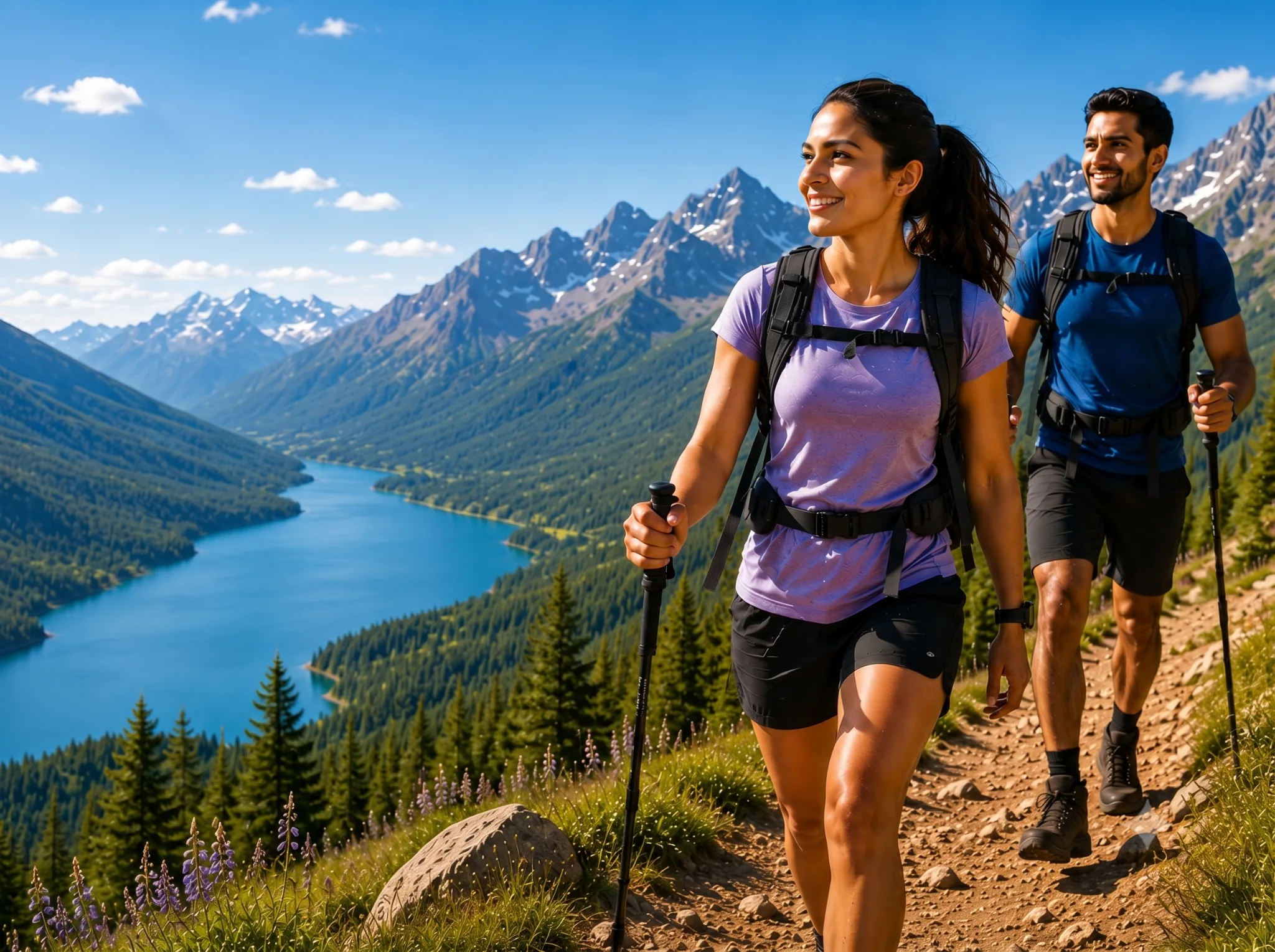 Two hikers enjoying a mountain trail after recovering from injury with physiotherapy in Calgary.