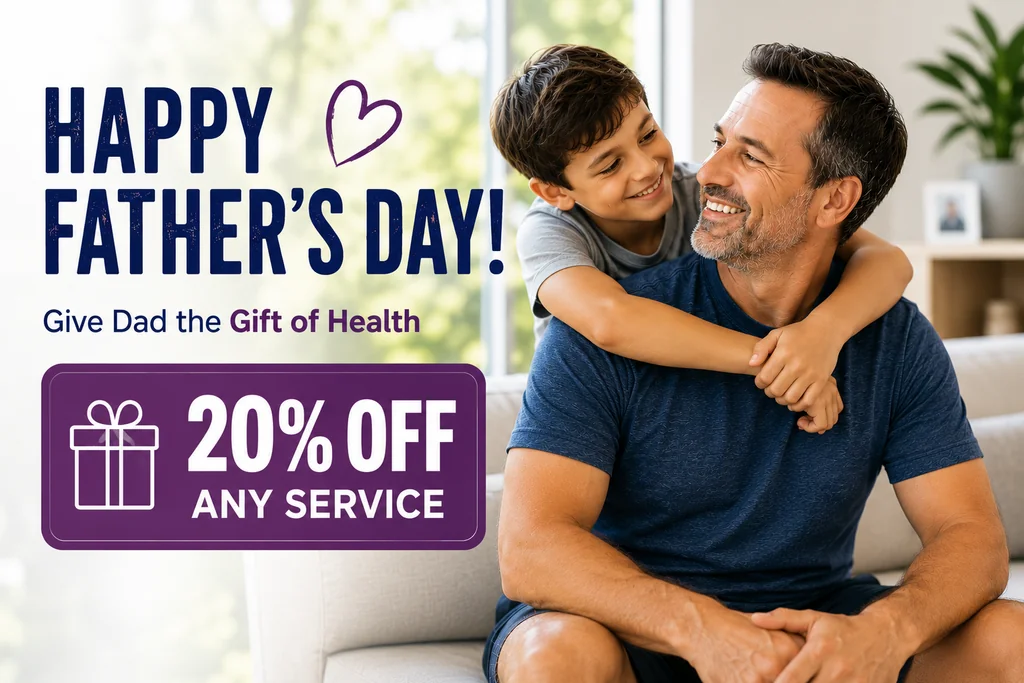 Happy Father's Day promotion from Caring Hands Physiotherapy featuring a father and son with a special offer of 20% off any service.