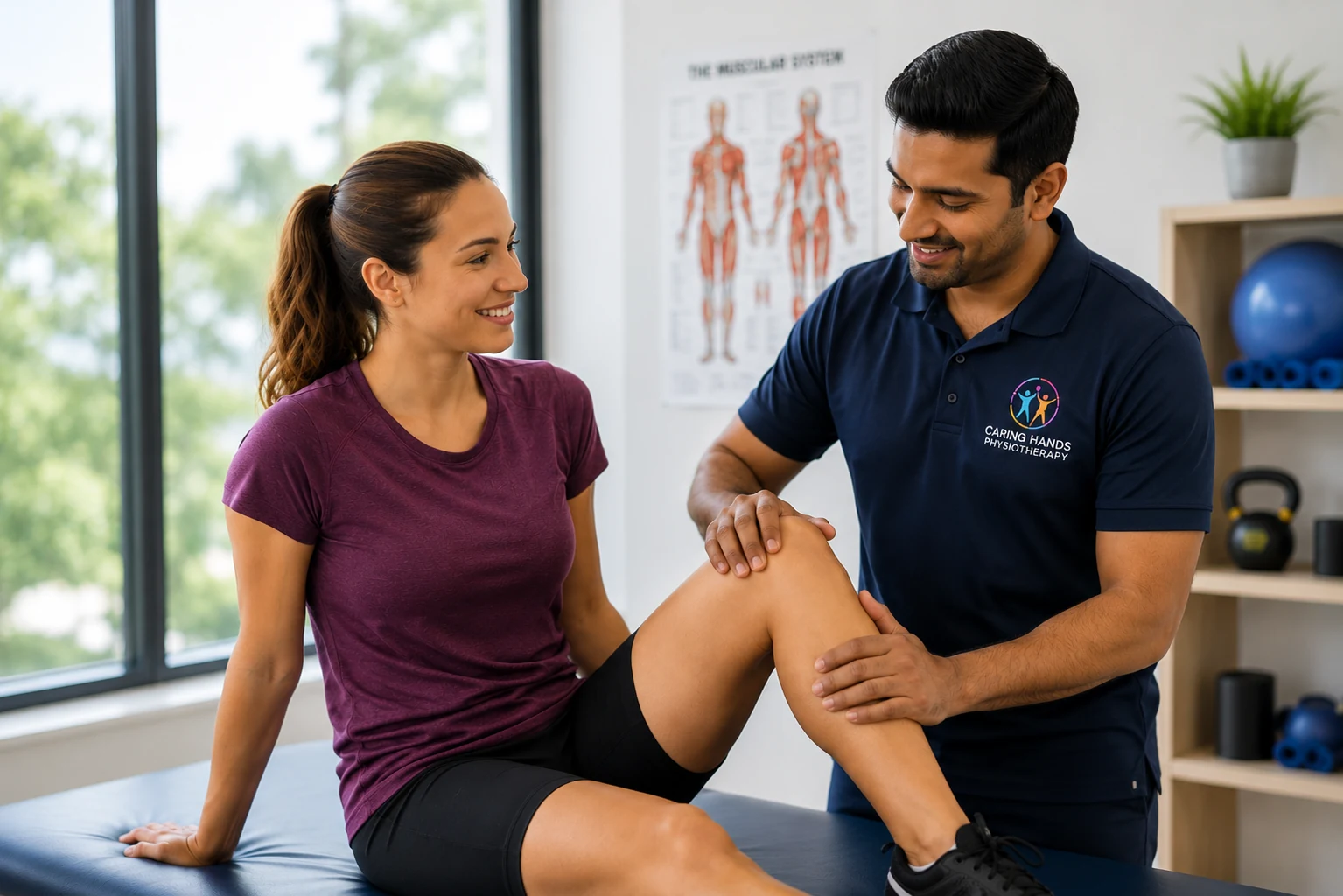caring-hands-physiotherapy-calgary-homepage-hero-june-2026 Physiotherapist providing knee rehabilitation treatment to a patient at Caring Hands Physiotherapy Calgary, helping improve mobility, recovery, and movement.
