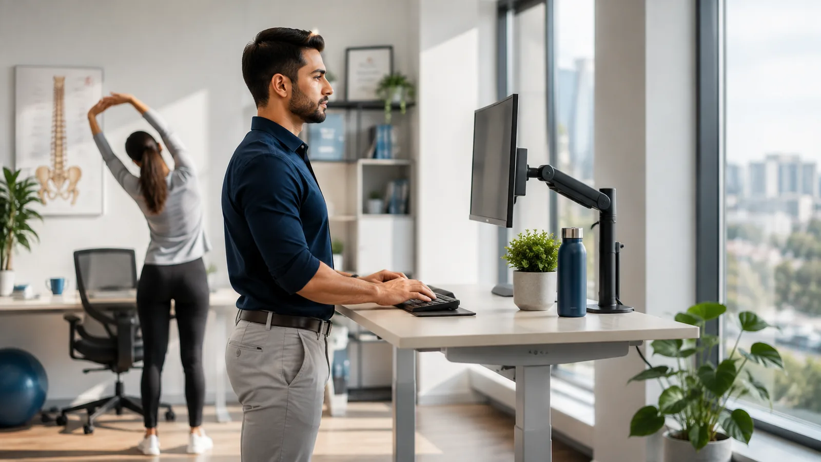 back-pain-workstation-ergonomics-calgary Proper workstation ergonomics and posture to help prevent back pain for office workers in Calgary.