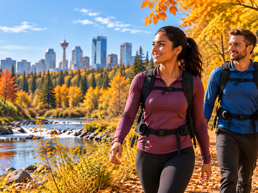 caring hands physio banner fish creek calgary Couple enjoying an autumn walk in Calgary, representing active living with Caring Hands Physio
